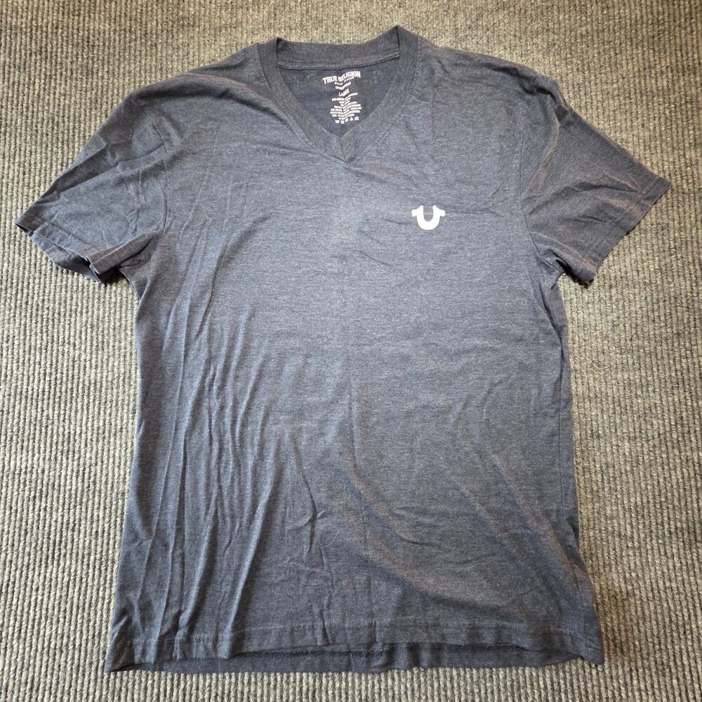 True Religion T Shirt Men's L Blue V Neck Short Sleeve